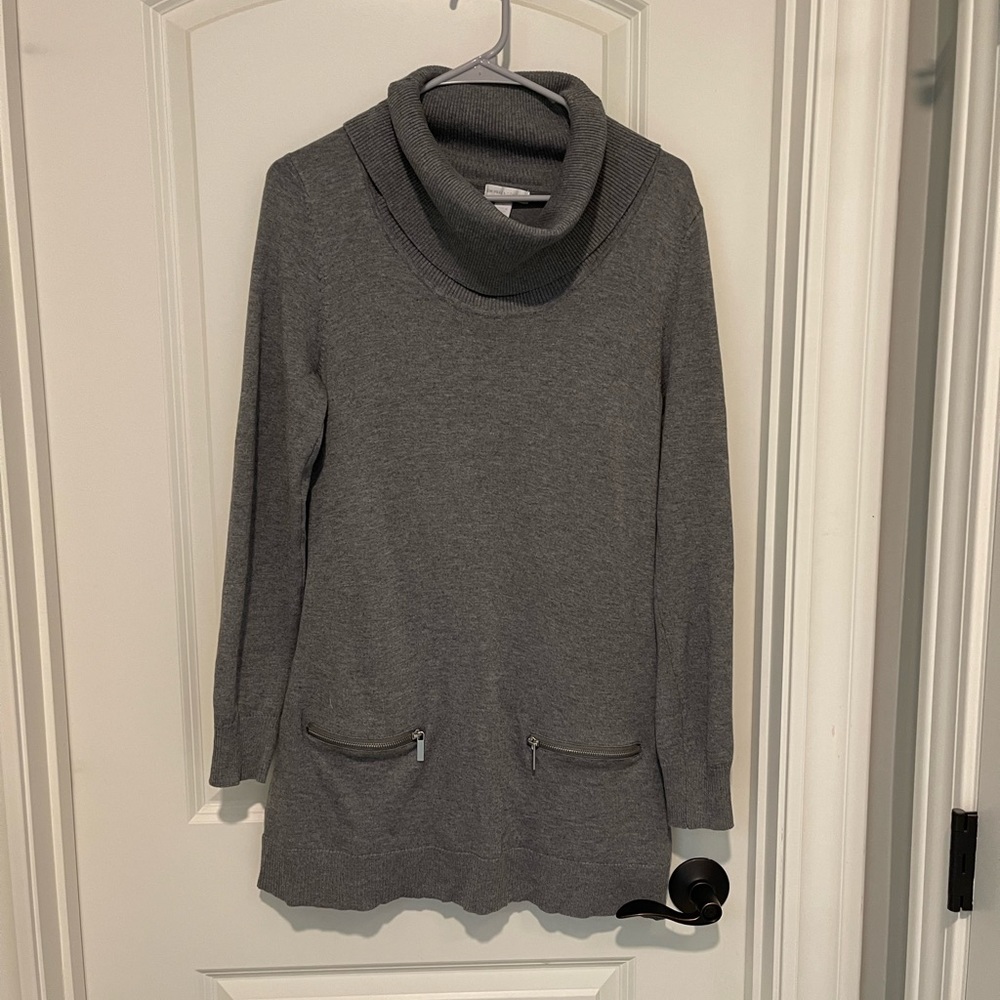NY&Co. Gray Sweater Dress, with cowl neck & zipper detail.